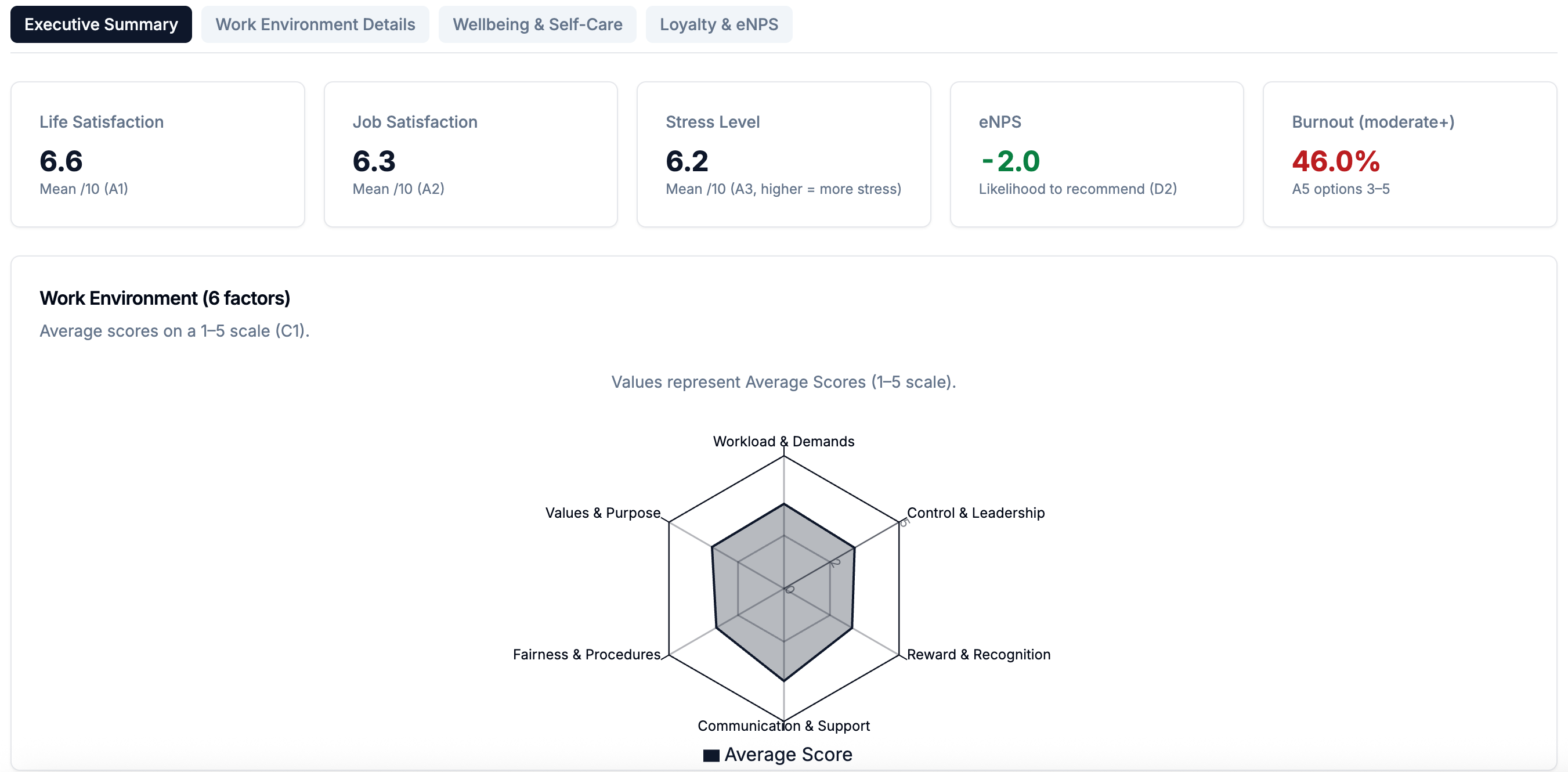 Executive summary dashboard showing wellbeing, engagement, and workplace indicators